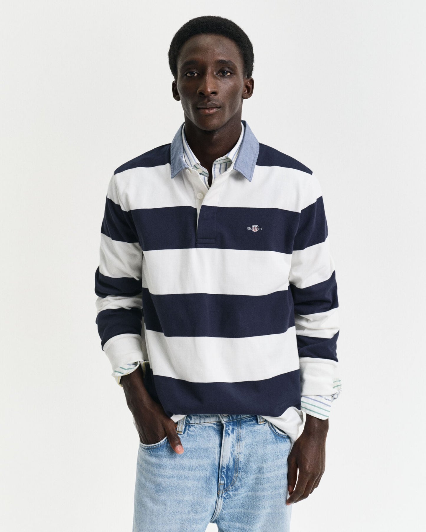 Polo rugby lourd rayé à col chambray