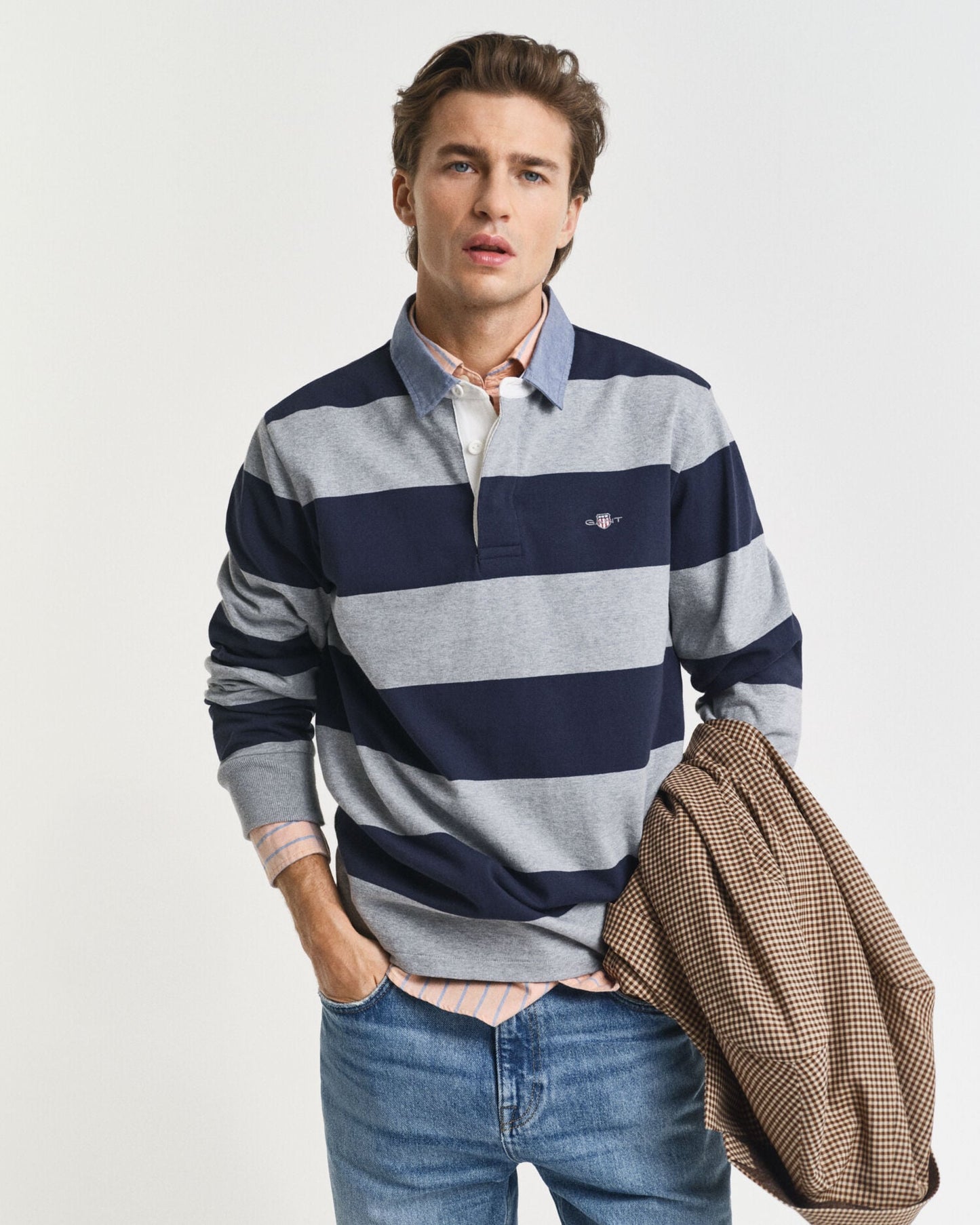 Polo rugby lourd rayé à col chambray