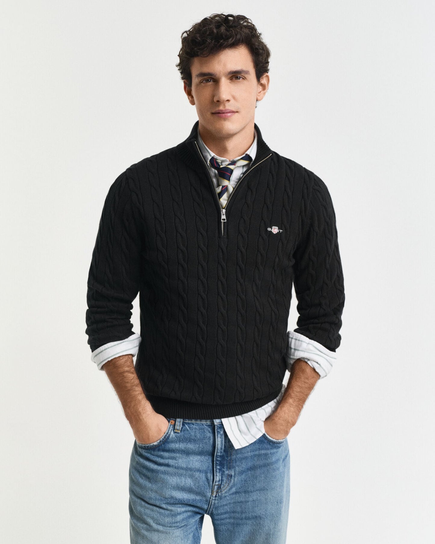 Pull demi-zippé en maille torsadée de coton