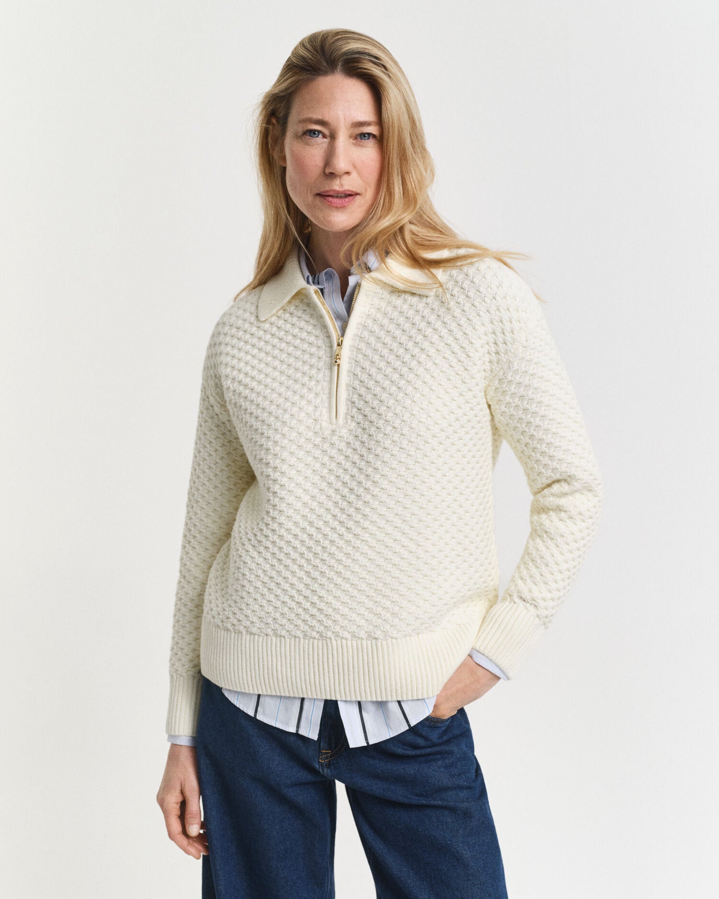 Strickpullover mit halbem Reißverschluss aus Baumwolle