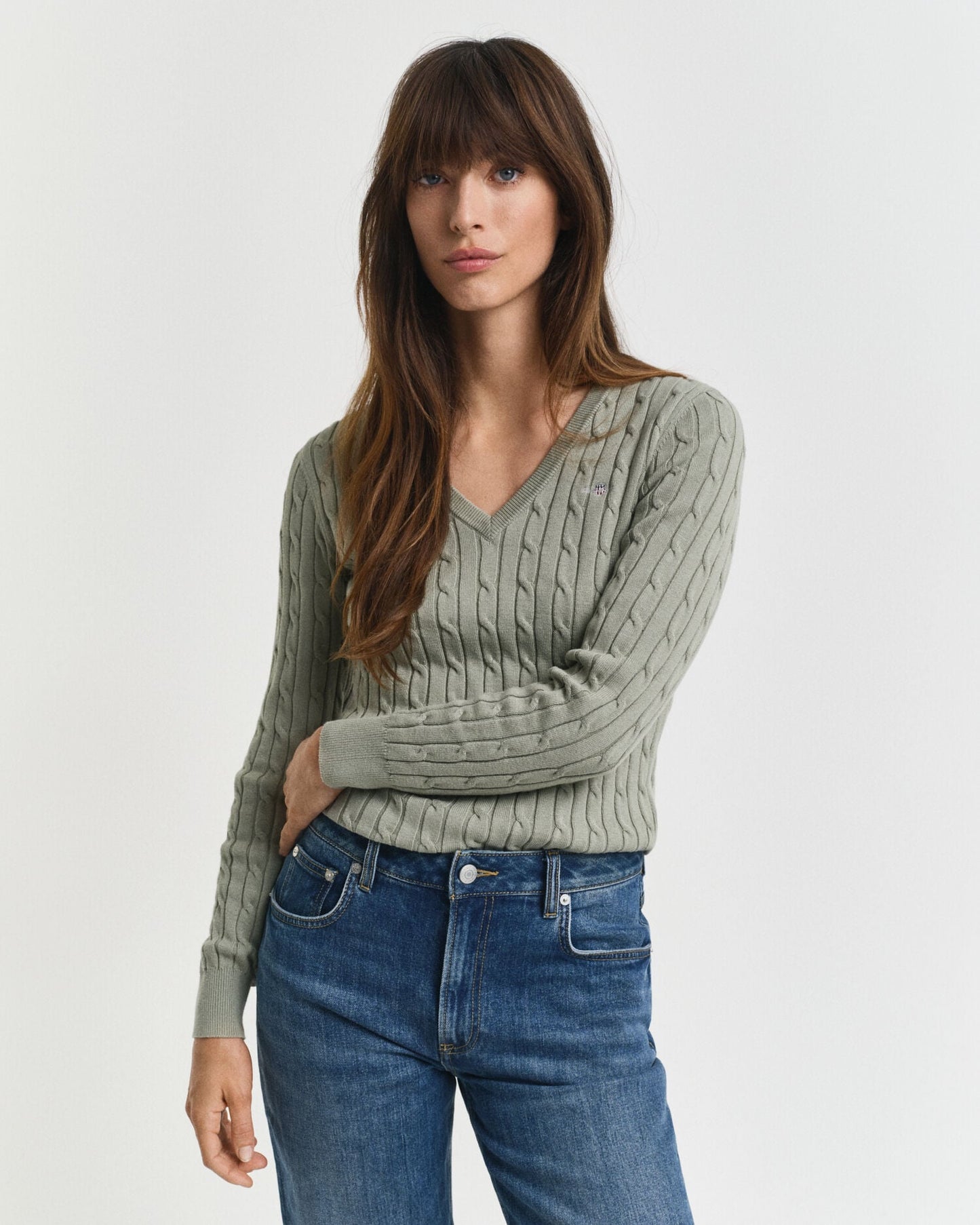 Pull Col V en Coton Extensible Tricoté Câblé