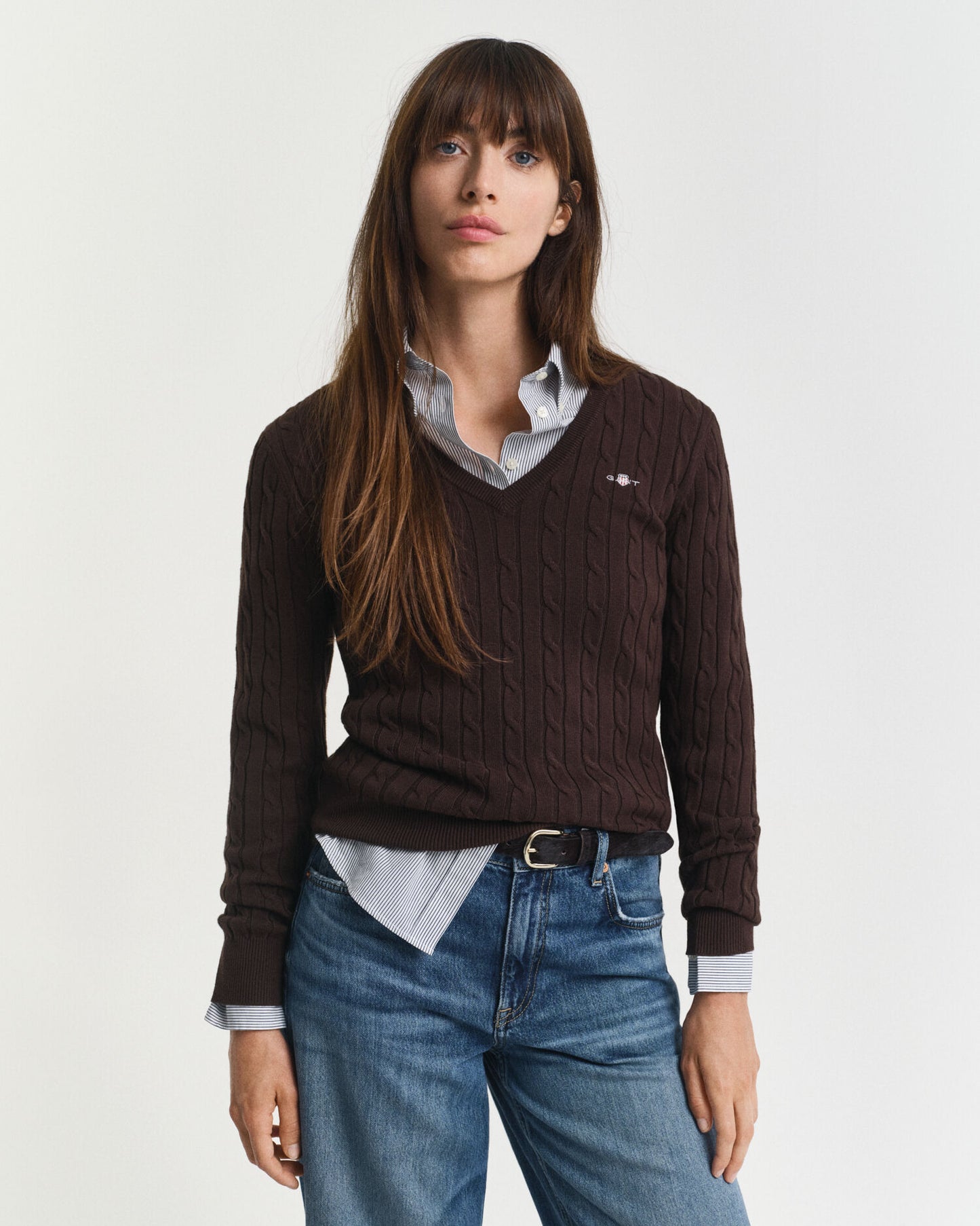 Pull col V en maille torsadée de coton stretch