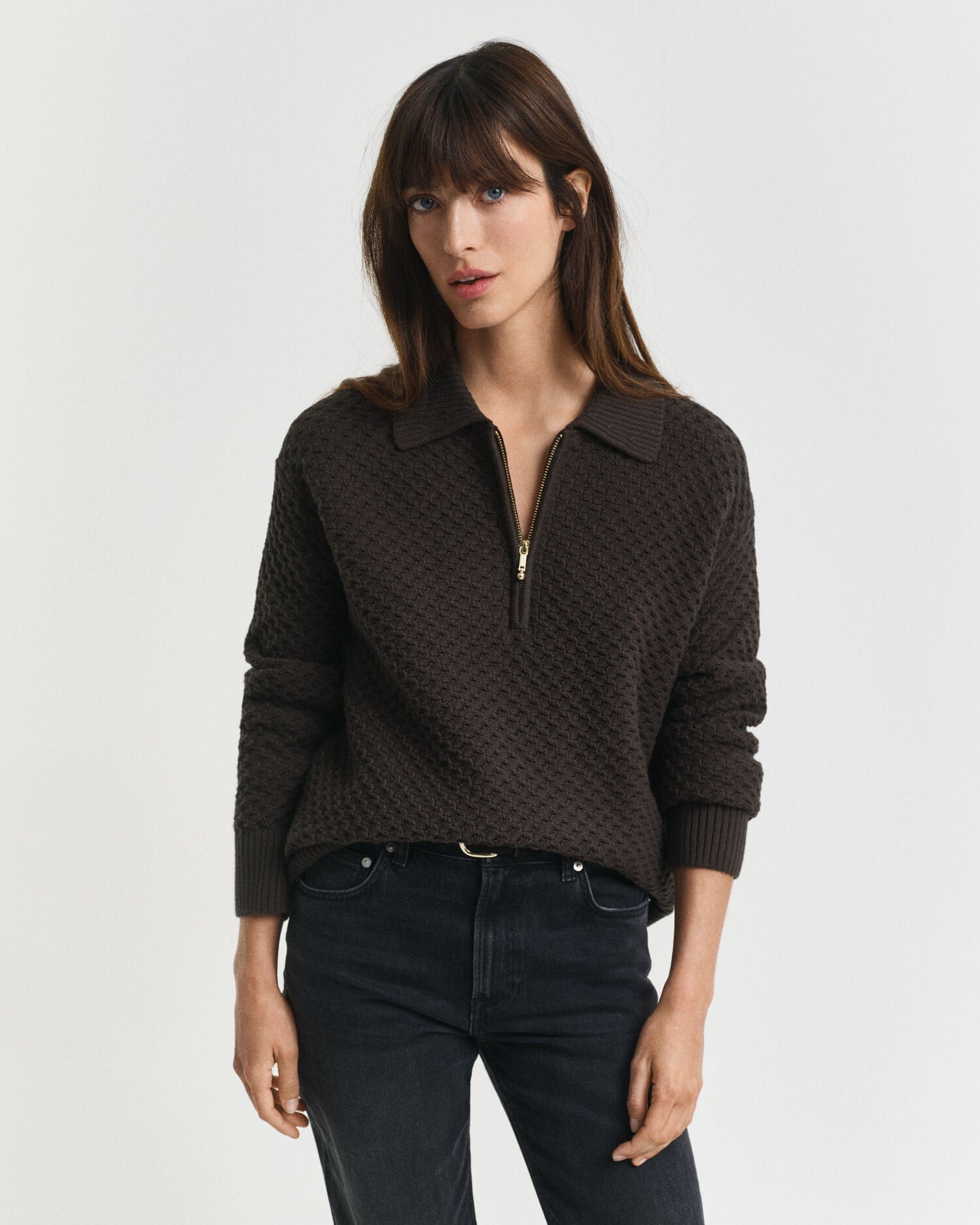 Baumwollpullover mit Textur und halbem Reißverschluss