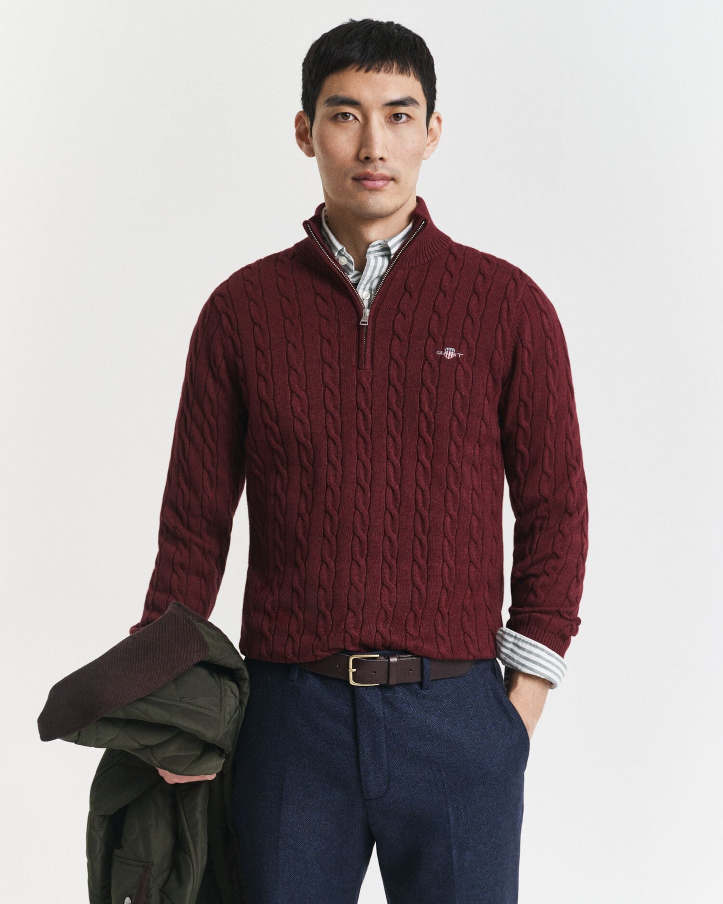 Pull demi-zippé en maille torsadée de coton