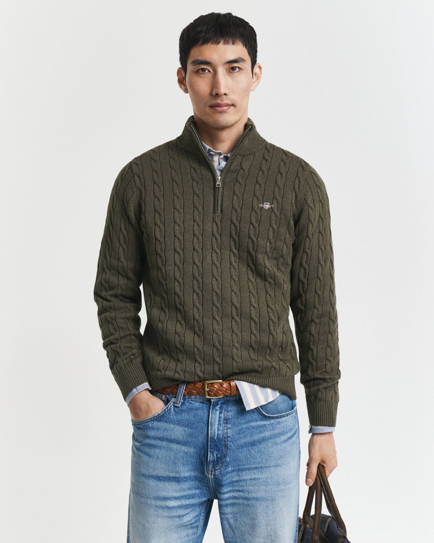 Pull demi-zippé en maille torsadée de coton