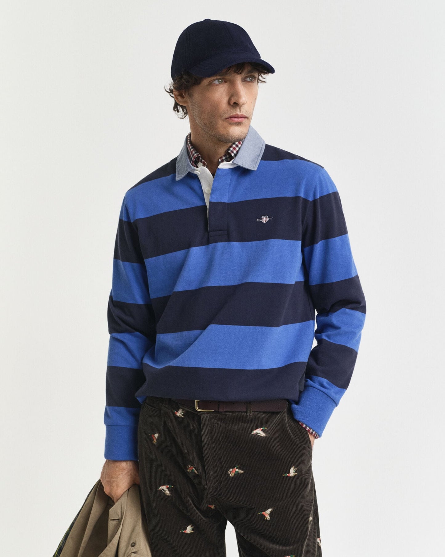 Polo rugby lourd rayé à col chambray
