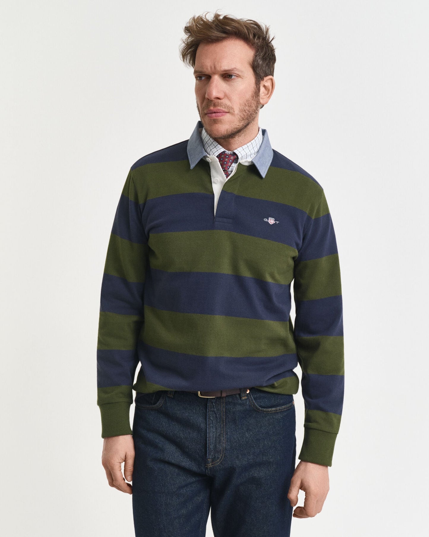 Polo rugby lourd rayé à col chambray