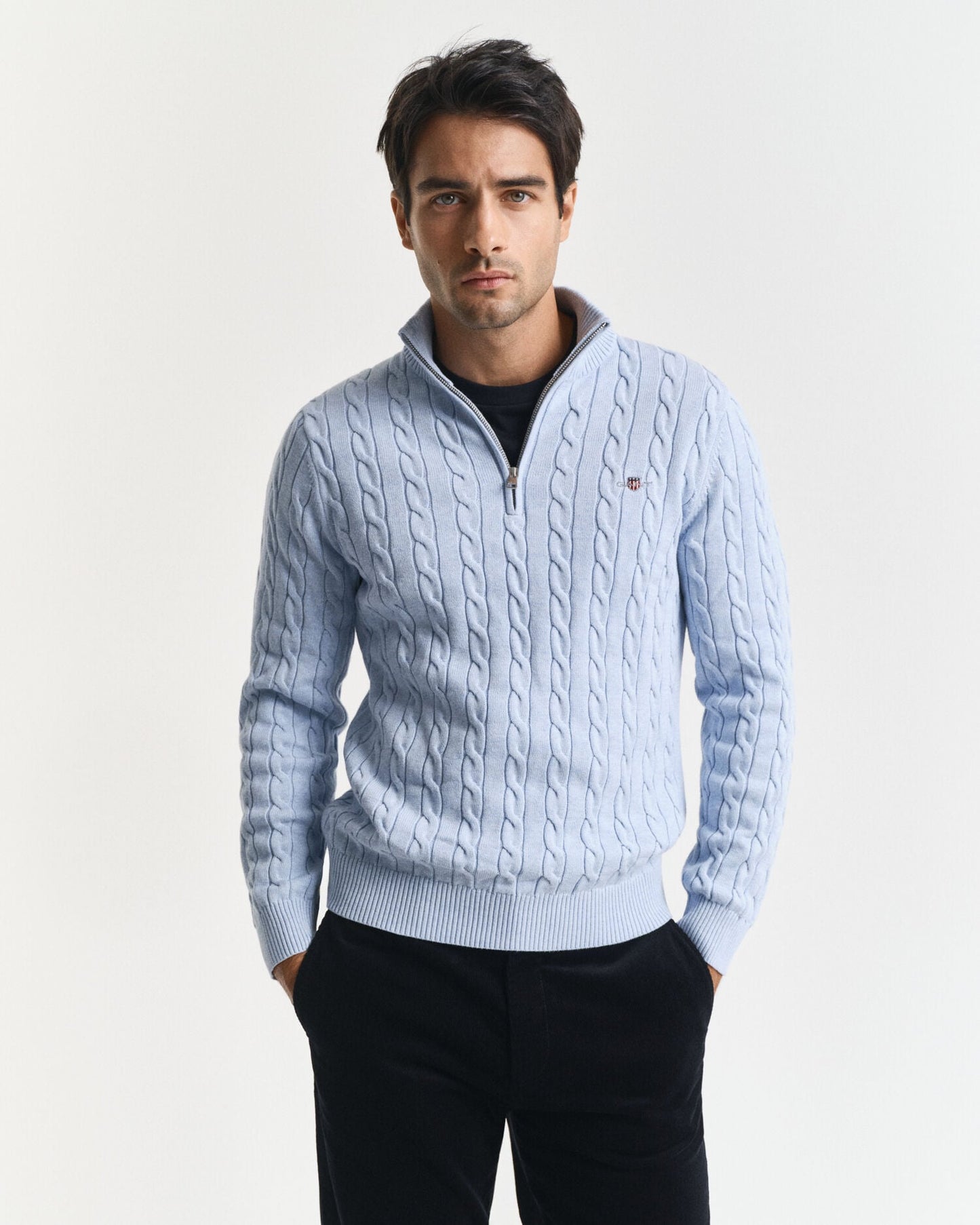 Pull demi-zippé en maille torsadée de coton