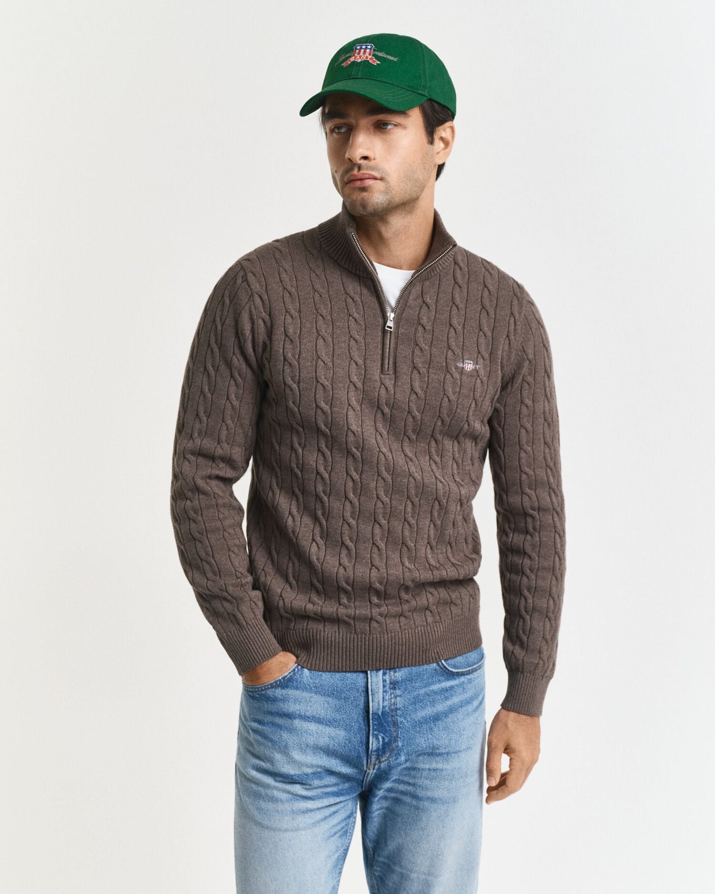 Pull demi-zippé en maille torsadée de coton