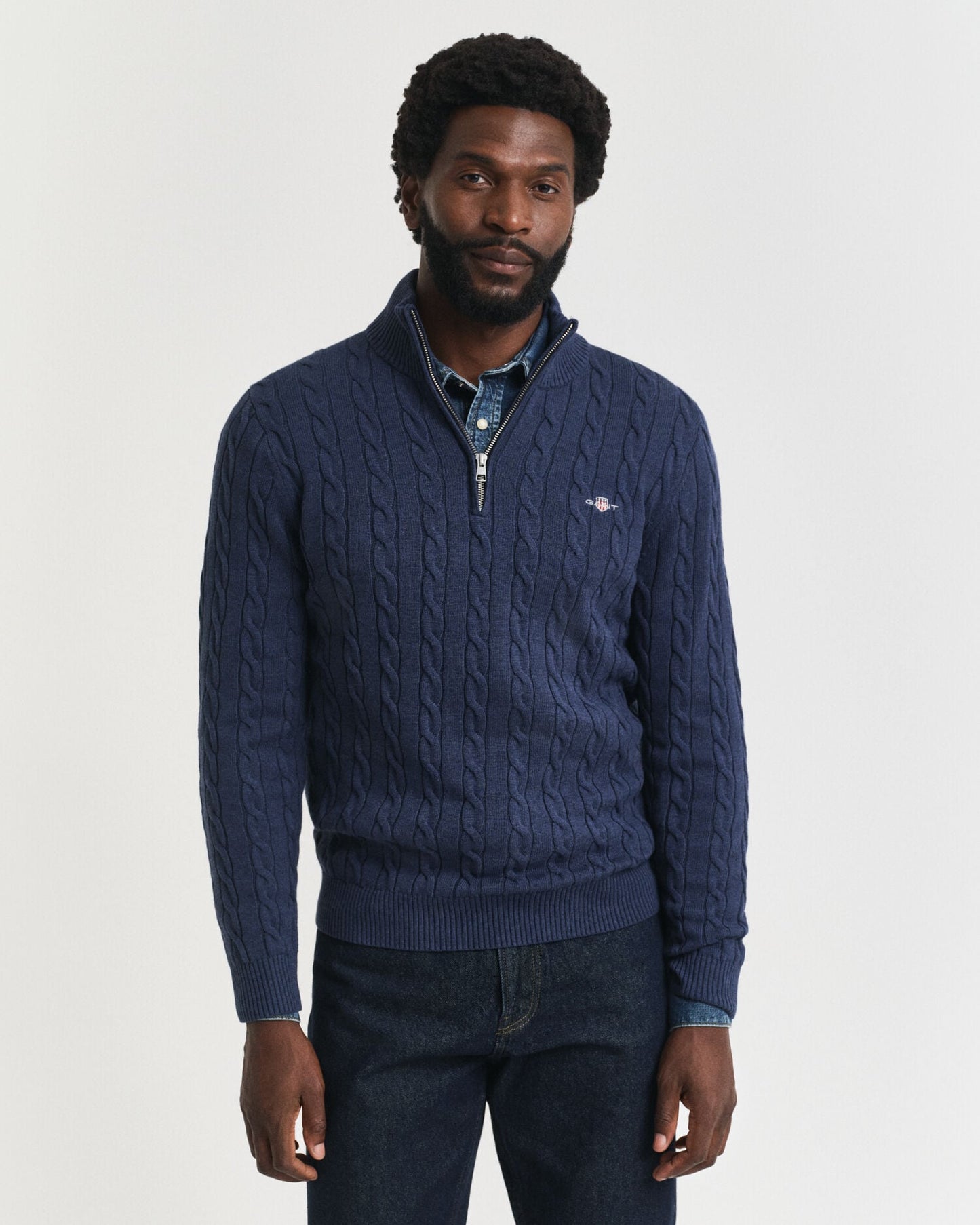 Pull demi-zippé en maille torsadée de coton