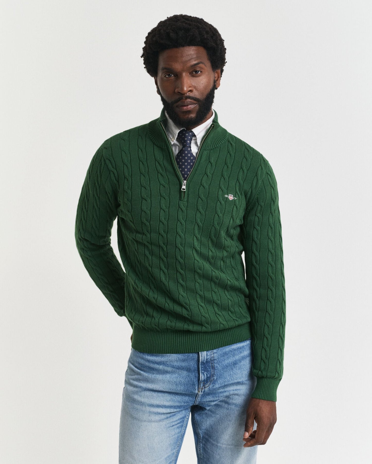 Pull demi-zippé en maille torsadée de coton