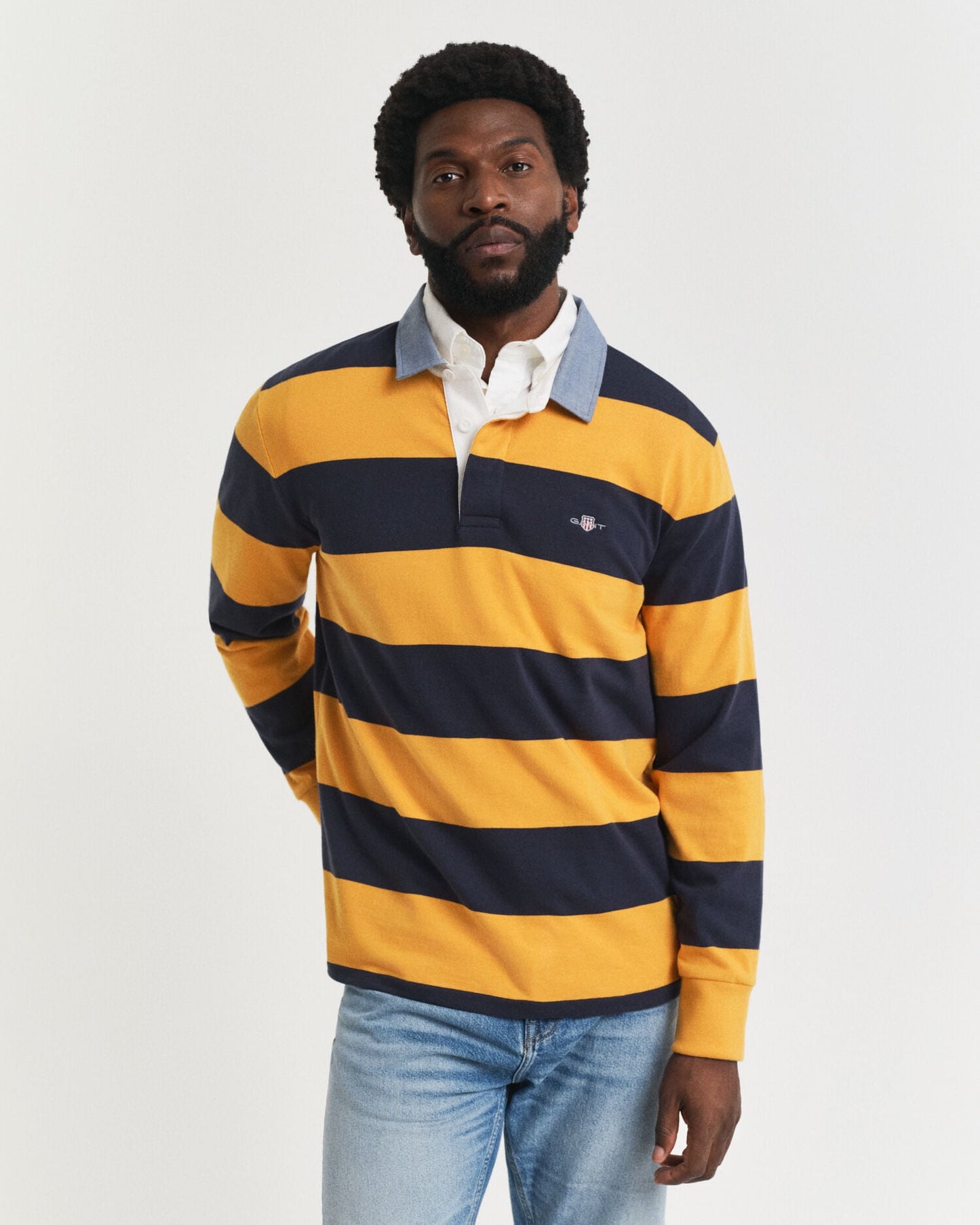 Polo rugby lourd rayé à col chambray