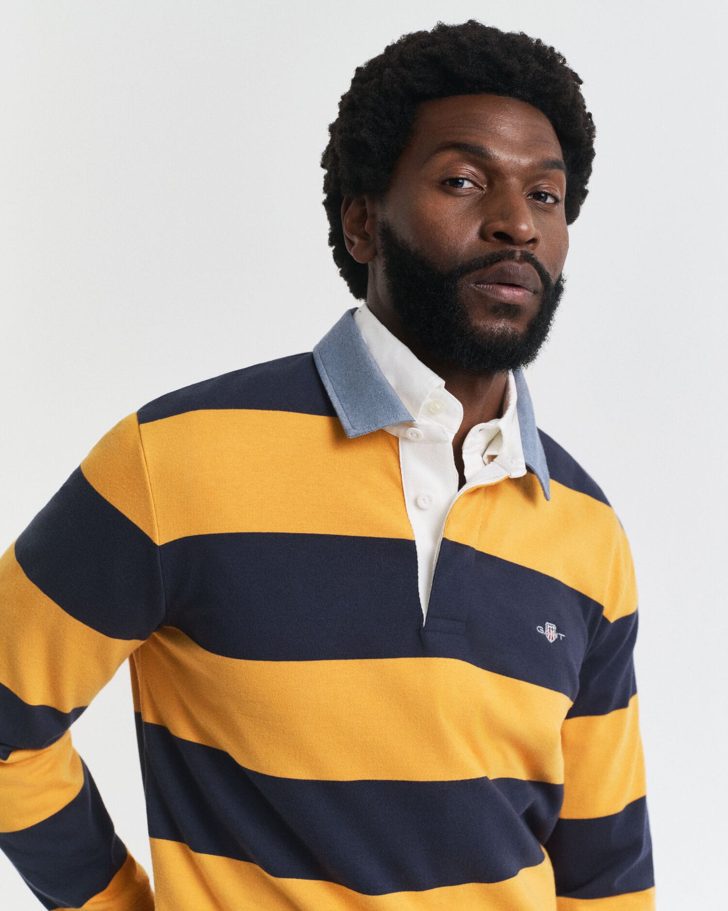 Polo rugby lourd rayé à col chambray