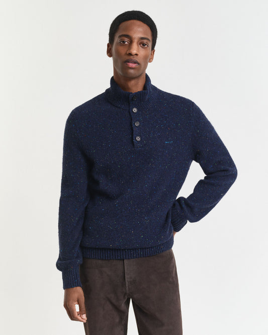 Wollmischgewebe-Sweater mit halber Knopfleiste und Noppenstruktur