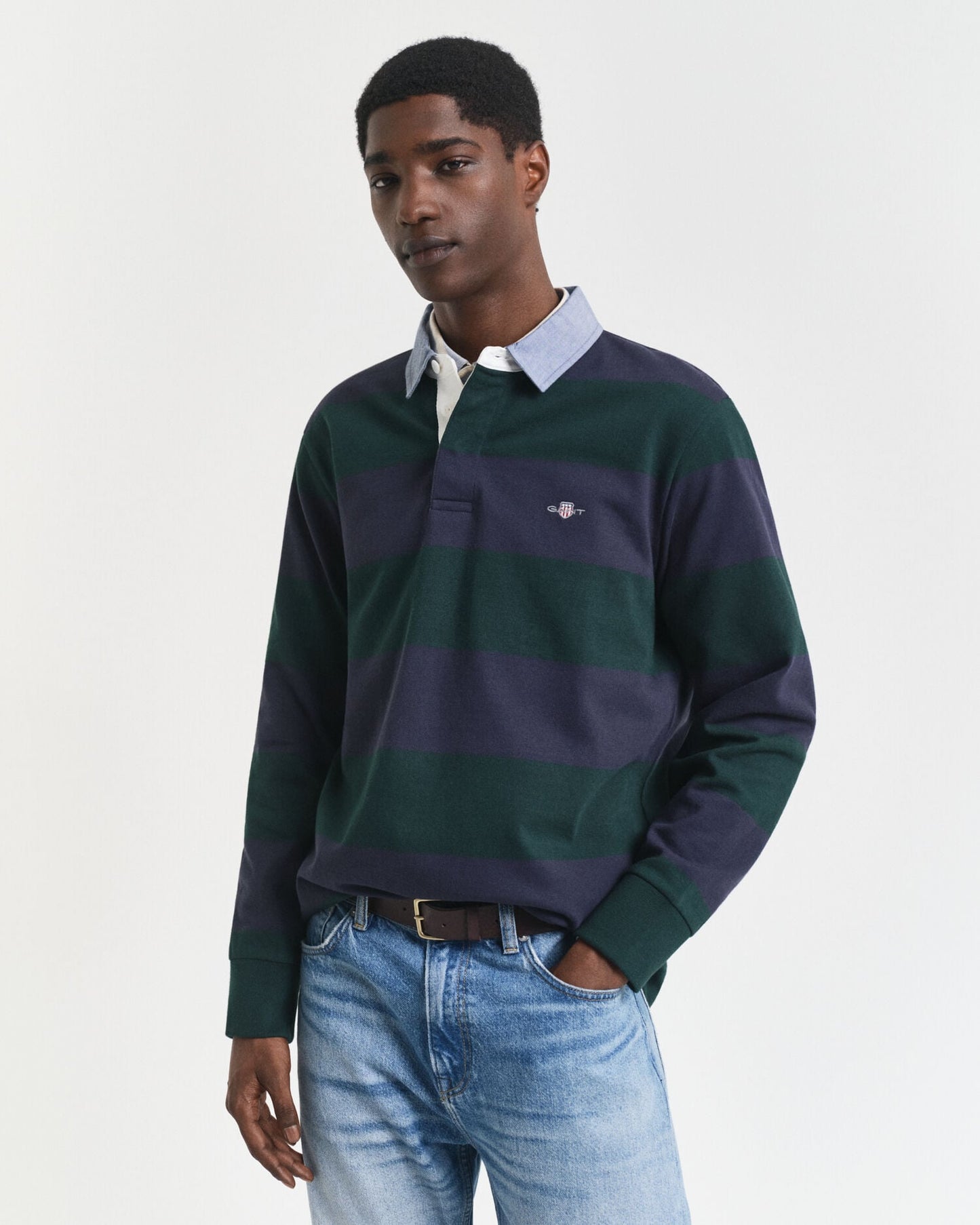 Polo rugby lourd rayé à col chambray