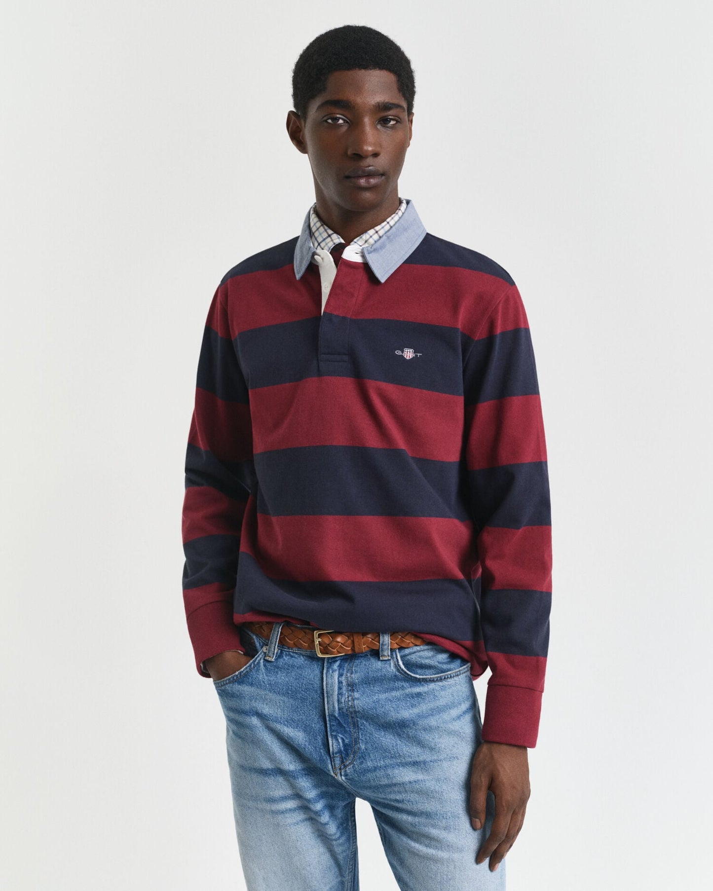 Polo rugby lourd rayé à col chambray